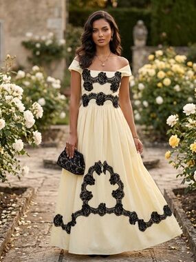 NWT BABR Yellow Lace Trim Off Shoulder Maxi Dress Size 38 S US 6 Cotton Blend